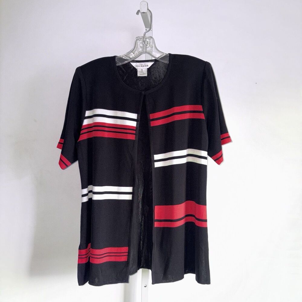 Exclusively Misook Striped Knit Cardigan Sweater Top Size Medium Black Red White
